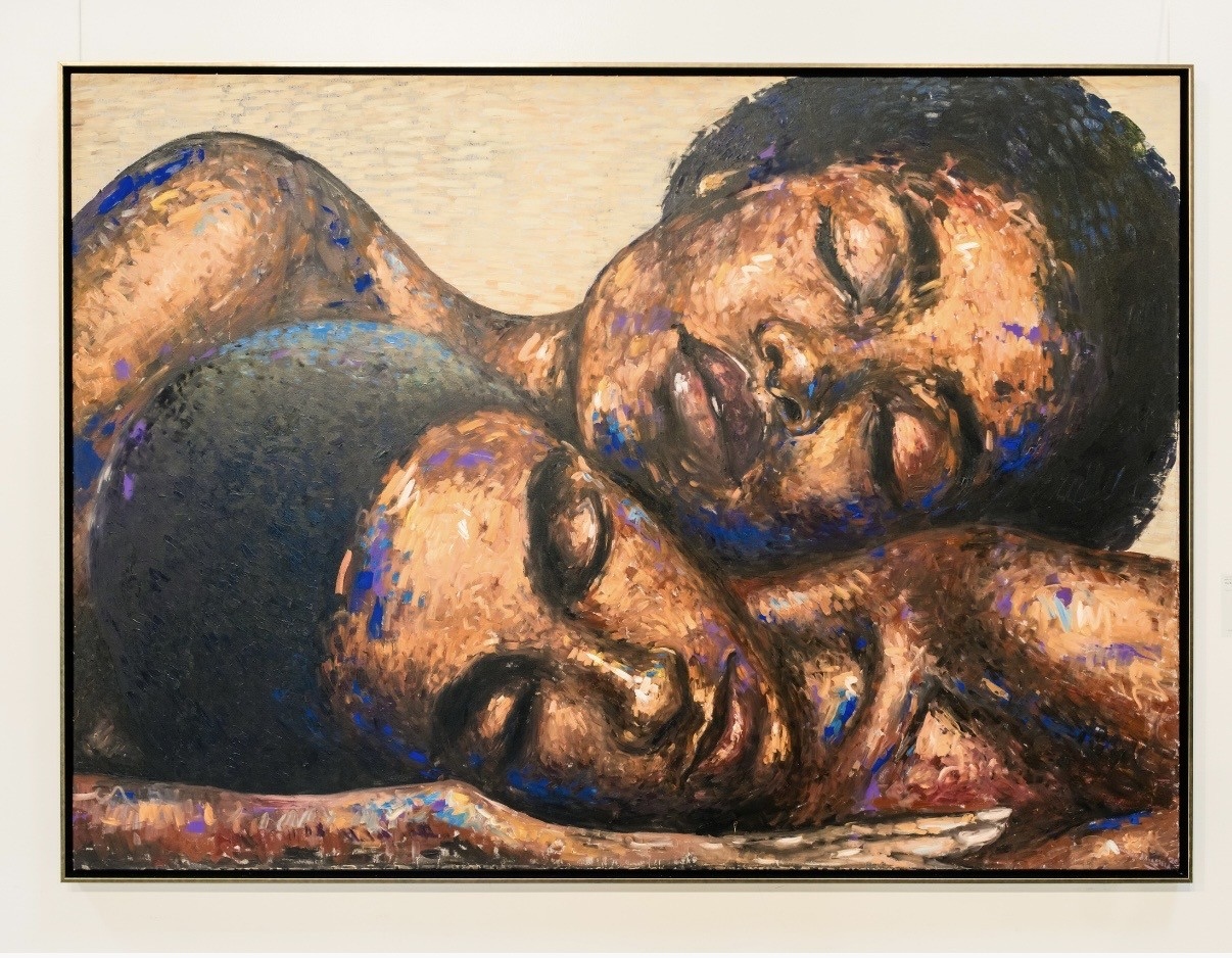 The Women Who Hold Me by Thabiso Dakamela, 2025, oil on canvas. Two figures lie close, holding each other upright.